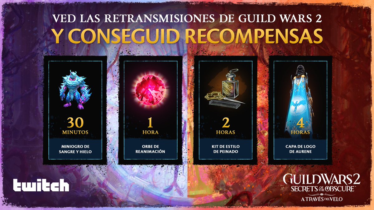 GuildWars2_ES's tweet photo. Los Drops de Twitch están disponibles Mirad las retransmisiones en directo en @Twitch para conseguir productos de #GuildWars2 . Más información aquí: https://t.co/4aUKkTrf08 https://t.co/FMXC3QZ5zn