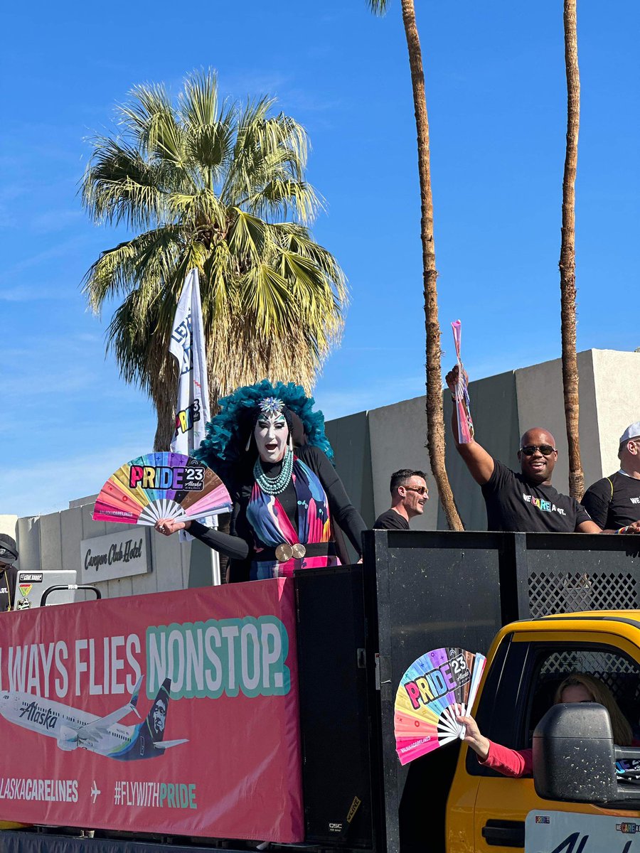 SisterRoma's tweet image. Today as I fly @AlaskaAir home to @flySFO from Palm Springs Pride I’m extra proud to have been invited to ride on their float in the parade! They are a huge ally to our community and really do care a lot! @BrianWestbrook @MikeYouens415