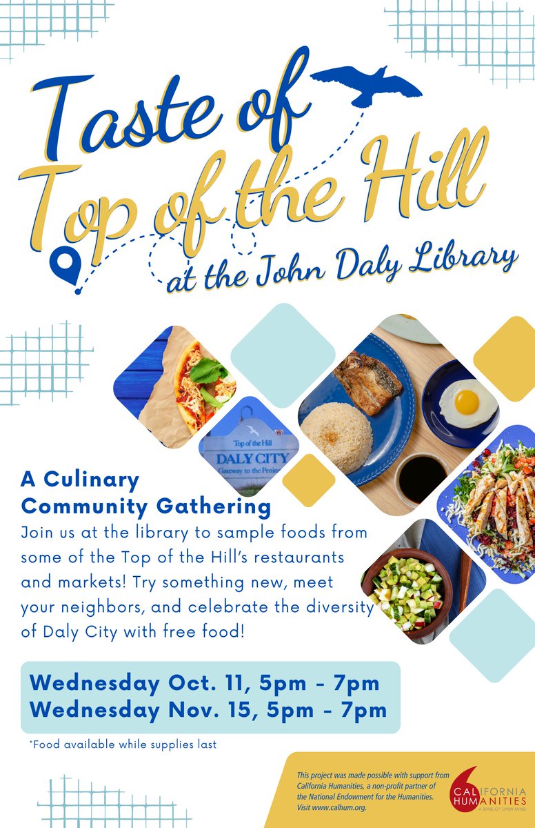 CA_Humanities's tweet photo. We have some fun events this week and next week from our #LibraryInnovationLab participants, including an art workshop, dance classes, food tour, and culture fair honoring immigrant traditions: https://t.co/HW6TgmEqP0 @dalycitylibrary @escolibrary @OsideLibrary https://t.co/rEJpJsMqrn