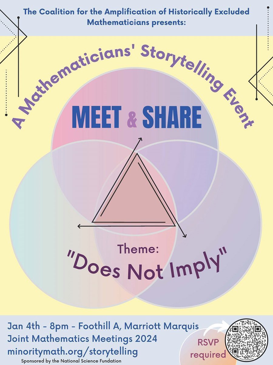 You are invited to “MEET and SHARE: A Mathematicians’ Storytelling Event” at #JMM2024! Everyone is welcome to submit stories (deadline Nov 25). If you are interested in this event as a participant or a storyteller, please fill out the RSVP form at buff.ly/3MzqSoB.