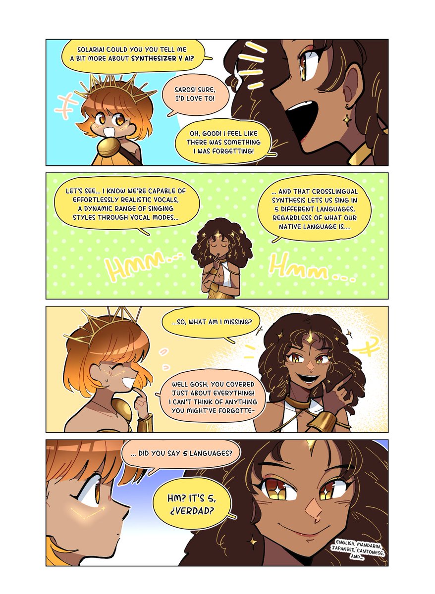eclipsedsounds's tweet image. Spanish is coming up soon for Synthesizer V Studio! But since it&apos;s in beta, it&apos;s possible someone forgot to tell SOLARIA...?!

A continuation of our comic series by @ricedeity !
#SynthV_SAROS