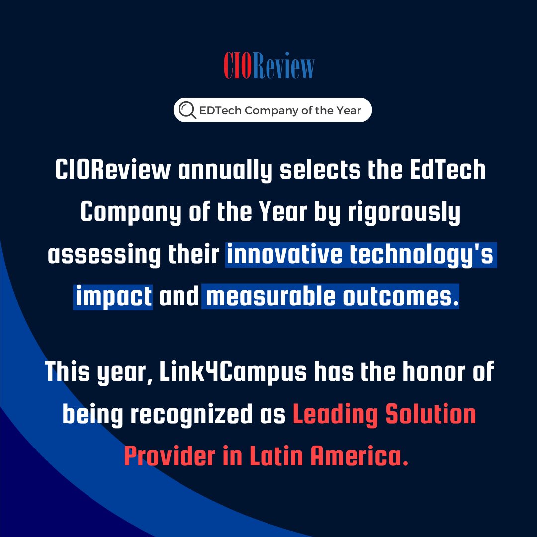 link4campus's tweet image. Exciting news!✨ 

We have been named by @cioreview Company of the Year 🏆 with recognition as the “Most Promising Education Technology Solutions Provider in Latin America 2023”

Check out the full article👇🏼
lnkd.in/e9jPq7SN