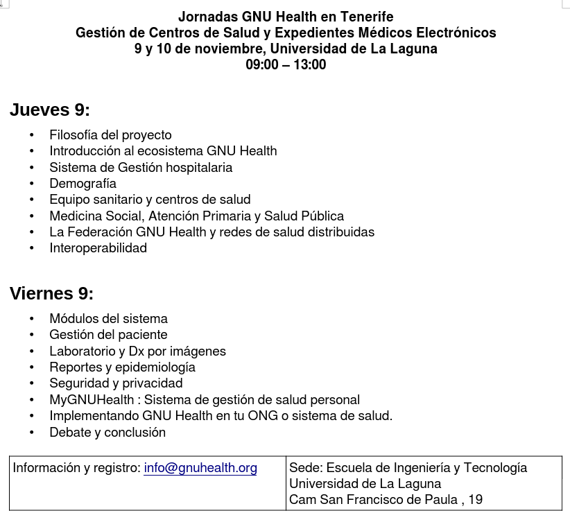 gnuhealth's tweet photo. El jueves comienzan las jornadas de #GNUHealth libres en Tenerife!
Introducción a gestión de centros de salud y expedientes médicos electrónicos.
Les dejamos un resumen del programa.
Nos vemos en La Laguna! #eHealth #MedicinaSocial #CienciaAbierta #privacidad #GNU @gnusolidario https://t.co/muDI5ImylH