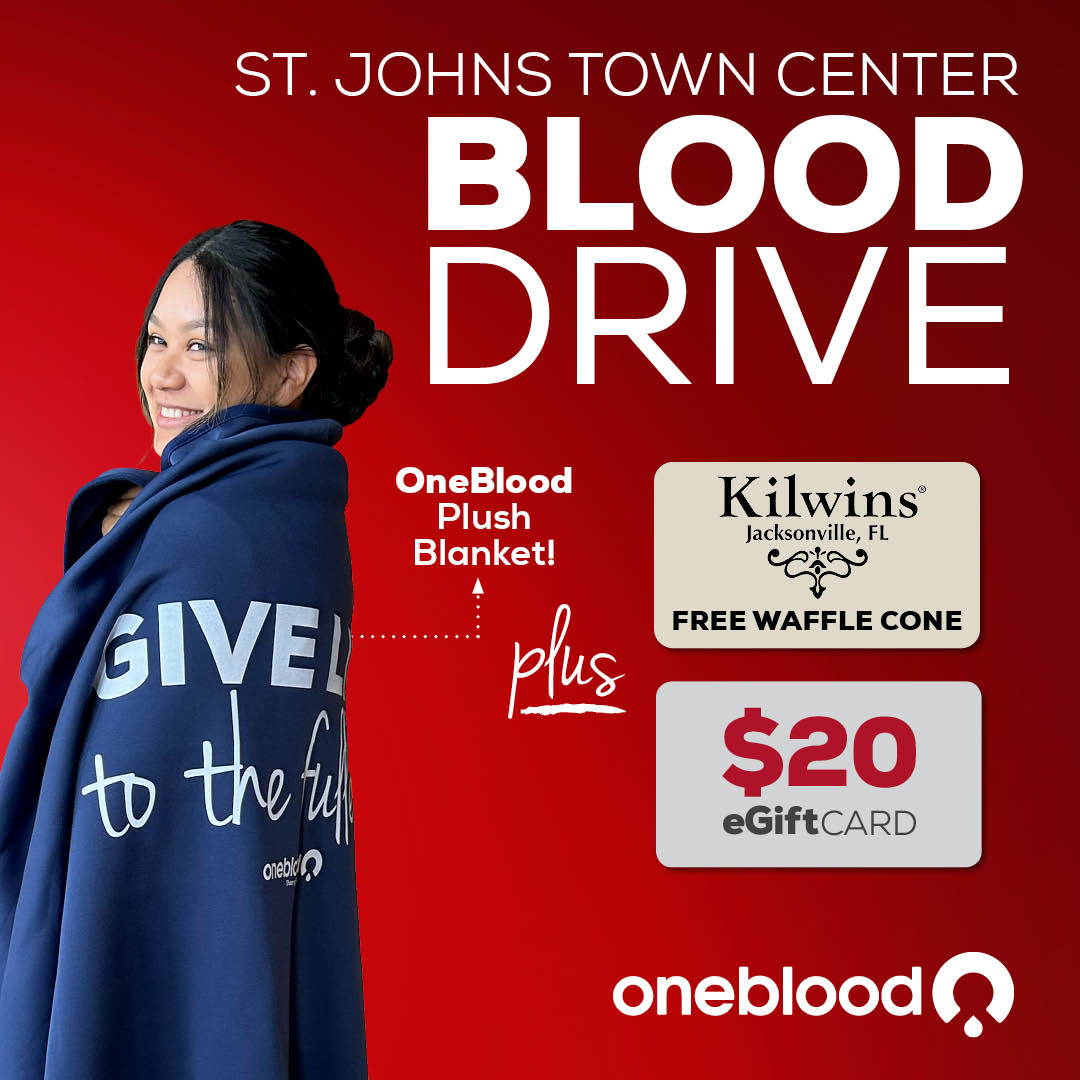 [𝗡𝗼𝘃 𝟭𝟭] Treats at the Tree Lighting 🌟 Donate blood on the Big Red Bus at the <a href="/StJohnsTownCtr/">St Johns Town Center</a> Holiday Spectacular Event and get a 🍦 𝐅𝐫𝐞𝐞 <a href="/kilwinsjax/">Kilwins Jacksonville</a> 𝐖𝐚𝐟𝐟𝐥𝐞 𝐂𝐨𝐧𝐞, $20 eGift Card, and OneBlood Plush Blanket. Walk-in or book today: givelife.io/c8fe