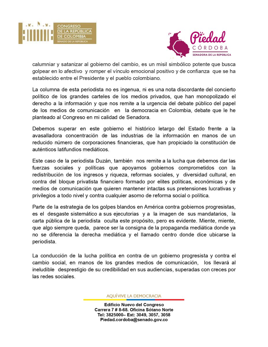 piedadcordoba's tweet photo. La campaña concertada de medios  de la cual la periodista Duzán no se desprende, es parte de la guerra simbólica financiada por los medios, dirigida especialmente, a calumniar y satanizar al gobierno del cambio, es un misil simbólico potente que busca golpear en lo afectivo  y romper el vínculo emocional positivo y de confianza  que se ha establecido entre el Presidente y el pueblo colombiano.

Mi opinión frente a la columna de Maria Jimena Duzán