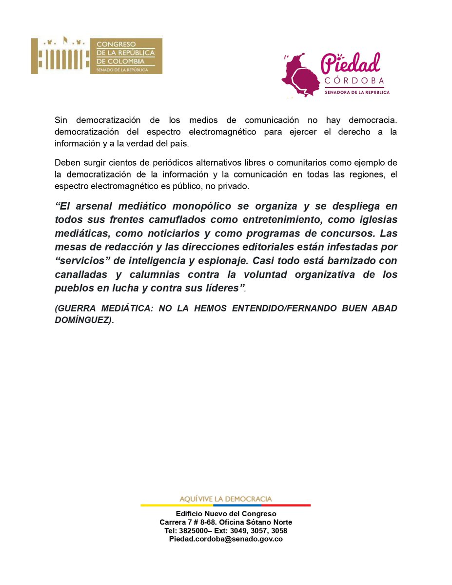 piedadcordoba's tweet photo. La campaña concertada de medios  de la cual la periodista Duzán no se desprende, es parte de la guerra simbólica financiada por los medios, dirigida especialmente, a calumniar y satanizar al gobierno del cambio, es un misil simbólico potente que busca golpear en lo afectivo  y romper el vínculo emocional positivo y de confianza  que se ha establecido entre el Presidente y el pueblo colombiano.

Mi opinión frente a la columna de Maria Jimena Duzán