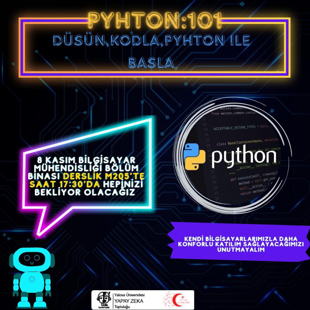 Herkese merhaba! 
8 Kasım saat 17:30’da Bilgisayar Mühendisliği Bölüm Binası derslik M205’te tekrar sizlerle eğitimimize devam ediyoruz.Bilgisayarlarımızı almayı unutmayalım.Bilgisayarınız yoksa da konu anlatımı için gayet keyifli ve yeterli olan eğitimimize katılabilirsiniz.👻👻