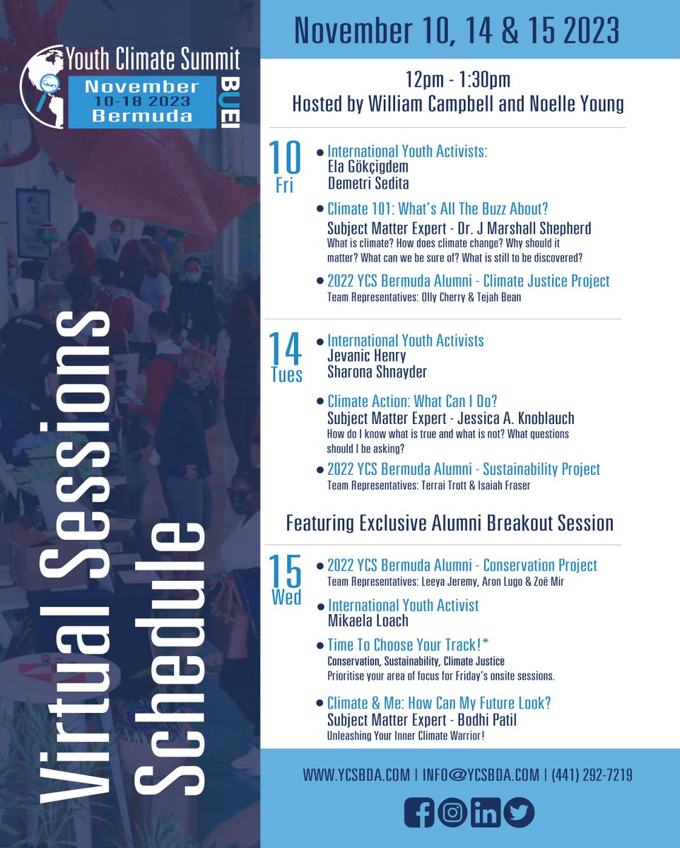 Here's the full schedule of all 2023 Bermuda Youth Climate Summit virtual sessions.

#ycsbda #ycs2023 #youthclimatesummitbermuda #virtual #youthactivists #climatechange #bermuda #activism