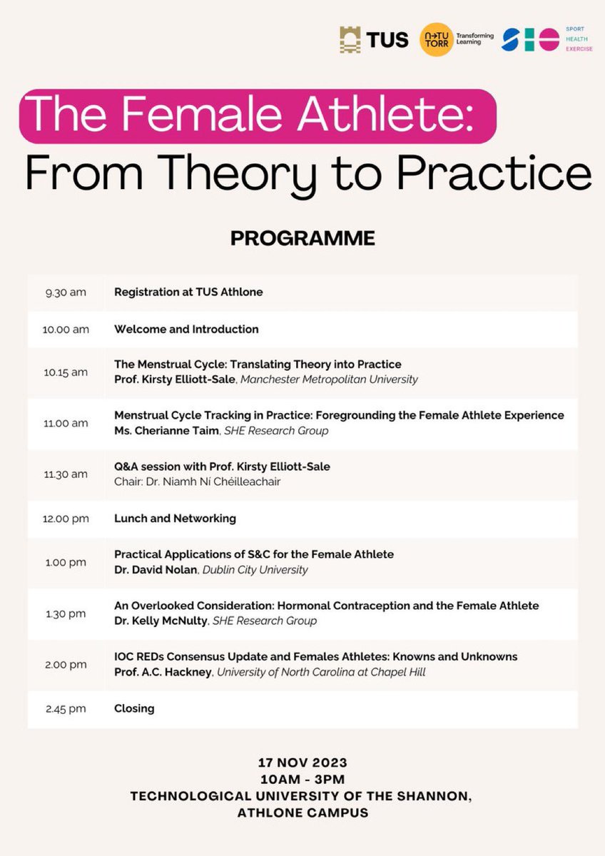 Really looking forward to speaking alongside a world class line up next week at the @ntutorr event in @TUS_ie for the @SHEResearch_TUS Excited (and intimidated) to speak alongside @ElliottSale @BCherianneTaim @kellymcnulty & @AC_Hackney Still a few spaces left ⬇️ @dcu_shhp