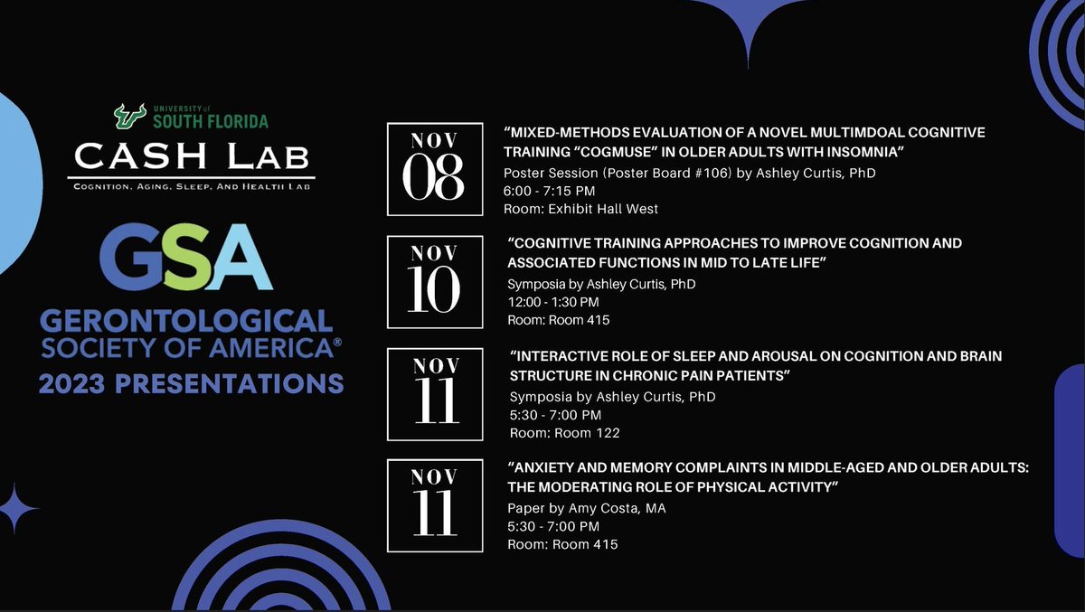 CASHlabUSF's tweet photo. The CASH Lab is going to be busy at the @geronsociety Conference 2023! Check out our presentations below. See you all in Tampa soon! #GSAconference @ashleyfcurtis @AmyN_Costa https://t.co/z2jnlDBBQG