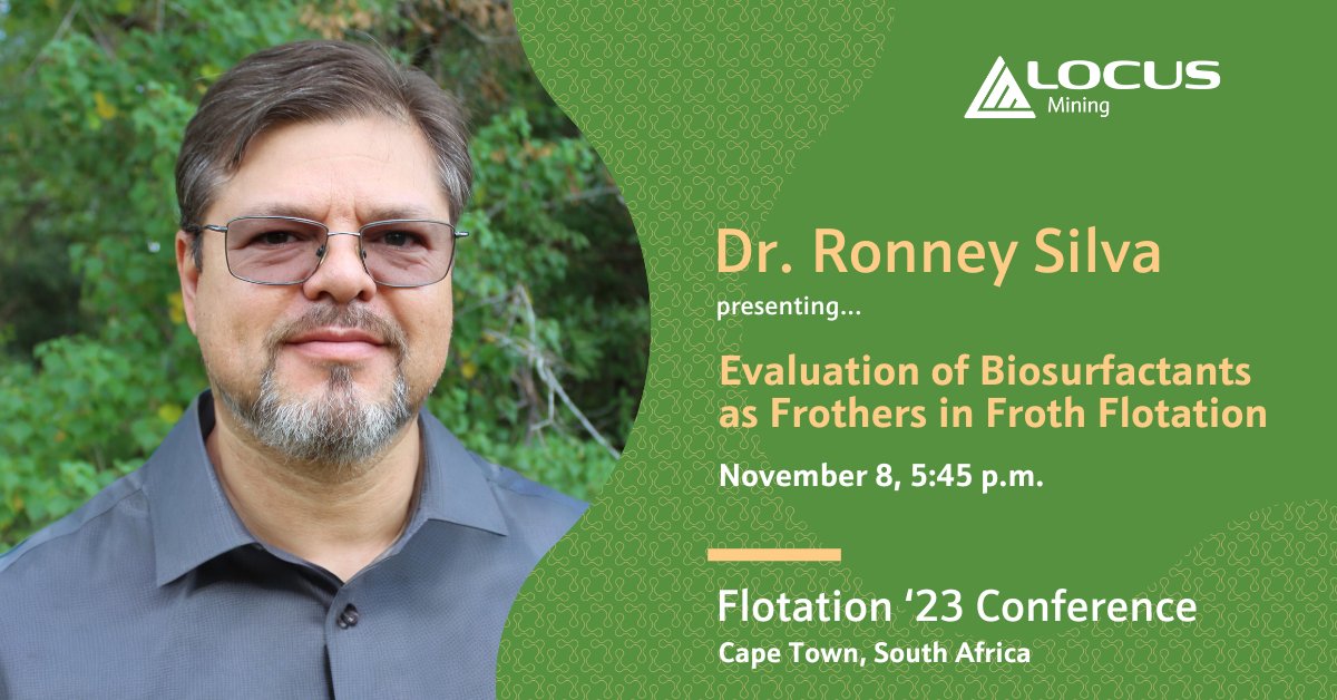#Flotation23, the largest global conference of its kind, gathers #mining experts like Dr. Silva to discuss solutions to decreasing ore grades &amp; complexity. He'll present research on biosurfactant use in flotation vs. MIBC &amp; pine oil (2 common frothers in #mineralprocessing).
