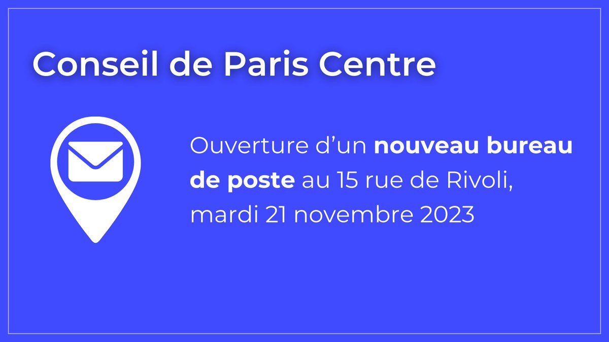 1/2
. <a href="/lucferry/">Luc Ferry</a> informe de l'ouverture d’un nouveau bureau de Poste le 21/11, 15 rue de Rivoli, fusion de l'offre de services des bureaux de l’Hôtel de Ville (qui manquait de visibilité, d’accessibilité et de confort) et de la rue des Francs-Bourgeois (cessation de bai)