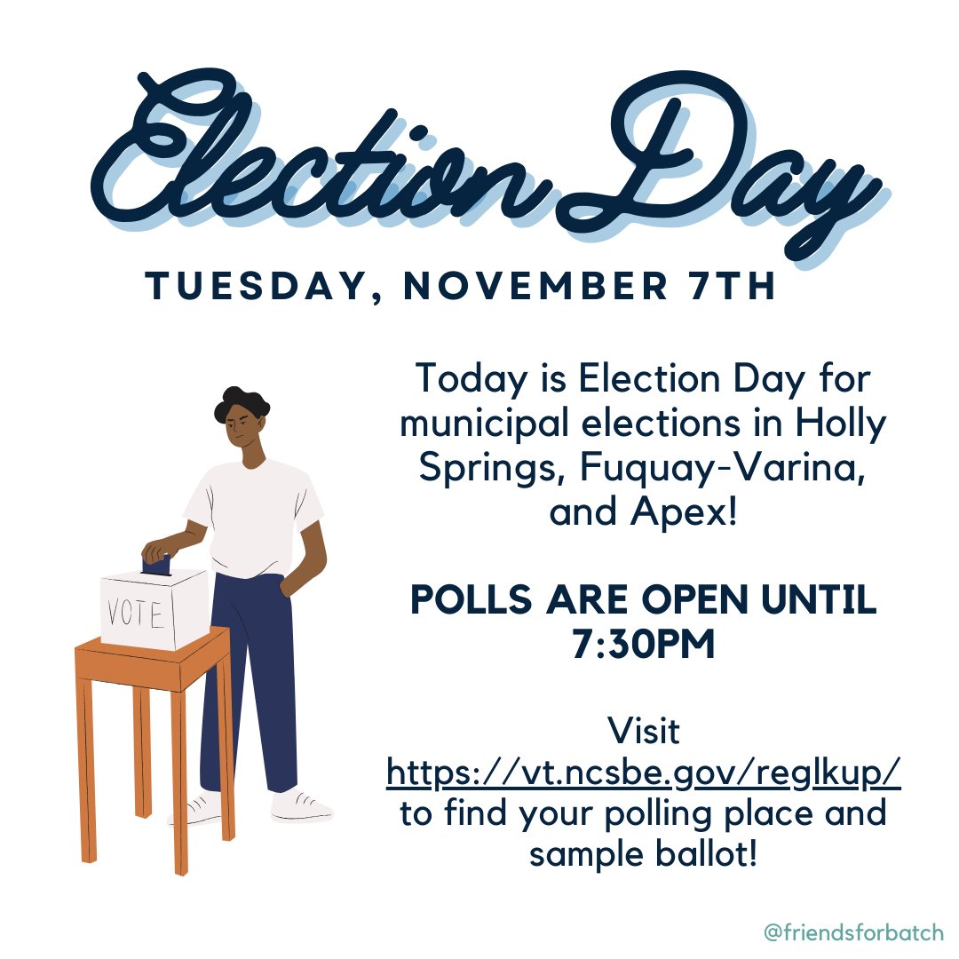 Today is Election Day in Holly Springs, Fuquay-Varina, and Apex! Polls close at 7:30pm. #ncpol