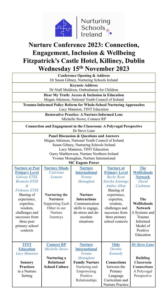 NurturingSchs's tweet image. Check out our schedule of workshops &amp;amp; presentations at Nurture Conference 2023! Lots of nurture-related CPD for all schools. Further information &amp;amp; registration at: nurtureconference2023@gmail.com @SusanGibneyBEC @connect_rp 
@TINTeducation @nurtureintl @nurtureni @blackrockec