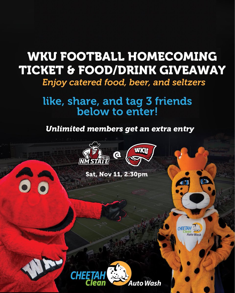 The official Carwash of WKU Athletics is giving away the Ultimate Homecoming Experience! 🐆🔥

Enjoy tickets to the WKU vs New Mexico state homecoming game and VIP tailgate fun with food & drinks! 

To enter: 
👍LIKE 
🗣️SHARE this post to your story
🤝TAG 3 FRIENDS below