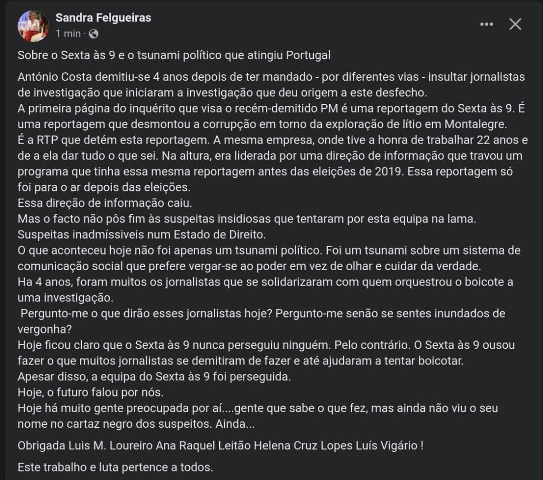 Que estouro da Sandra Felgueiras. Um dia vamos olhar para trás e ver a forma vergonhosa como alguns tentaram destruir (com algum sucesso) o jornalismo de investigação em Portugal.