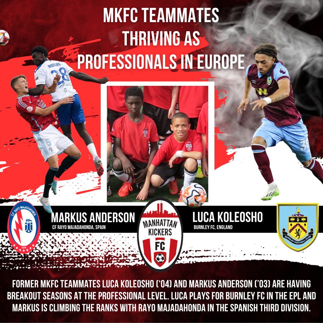 mnhtnkickersfc's tweet photo. Former MKFC teammates Luca Koleosho (‘04) and Markus Anderson (’03) are having breakout seasons at the pro level. Luca plays for Burnley FC in the EPL and Markus is climbing the ranks with Rayo Majadahonda in the Spain's 3rd division.
@CIES_Football @rayomaja @BurnleyOfficial https://t.co/hI6OWWjFOL