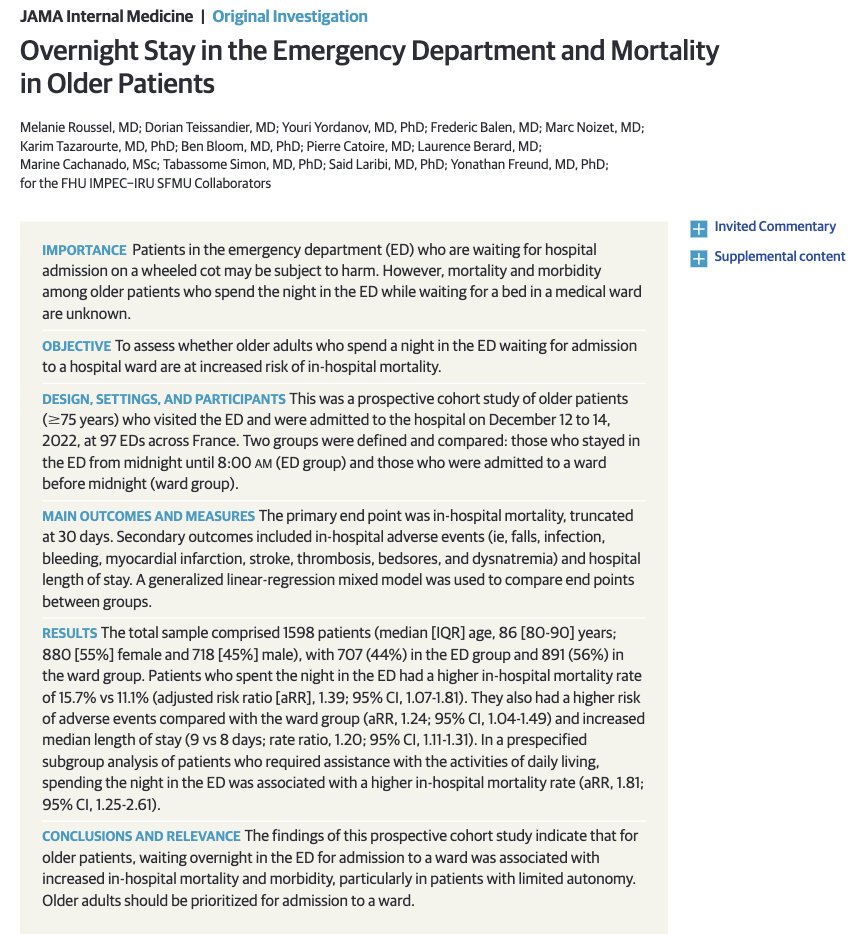 Aged patients staying overnight in the Emergency Room awaiting to be admitted have higher mortality ! I guess this probably applies to very sick patients (i.e. decompensated cirrhosis). shorturl.at/DFR26 @AASLDtweets @EASLedu #livertwitter #MedTwitter