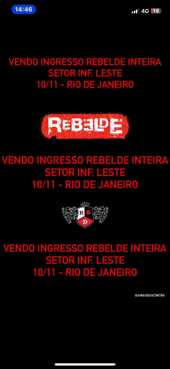 madumeendes's tweet photo. Tenho 2 disponíveis (minha amiga nao tem como ir e eu quero outra área pra tentar ir com outras amigas).
Aceito cartão com acréscimos !!!!
#showrbd
#tourrebelde #vendoingressorbd #tourrbd #rj #engenhao #rebelde https://t.co/fqcdnD0VGS