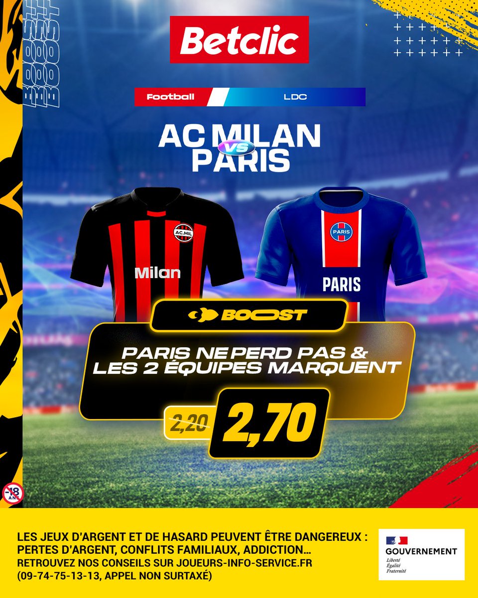 Betclic's tweet photo. 🚀 ICI ÇA BOOOOOST ! #ACMPSG 🔥

Les Parisiens arrachent la victoire face à des Milanais revanchards ? 😤

On booste la cote "Paris ne perd pas et les 2 équipes marquent" à 2,60 💥

⚠️ Mise max 10€ // Dispo jusqu'à 20h45 https://t.co/uMdKNTngT2