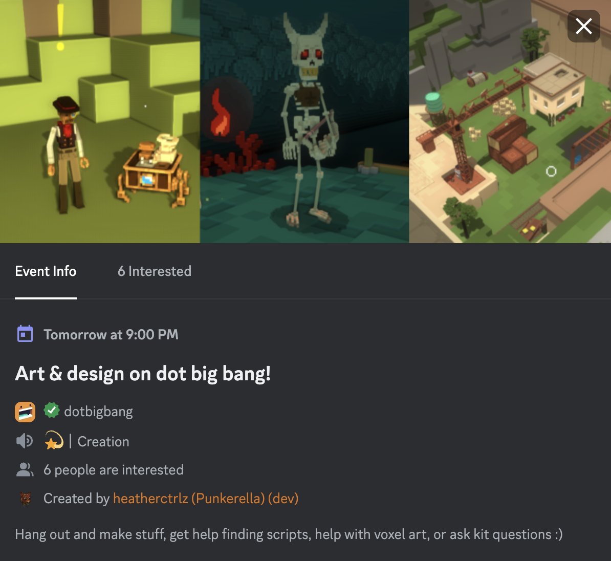 There's an art & design hangout tomorrow on our Discord, with #dotbigbang #gamedev @Chimeric_Arts. Make stuff, chat, ask questions, and get help with whatever you're making! Drop an 'interested' on it here for a notification: 🍿discord.gg/byHCK2uN?event… 🍿