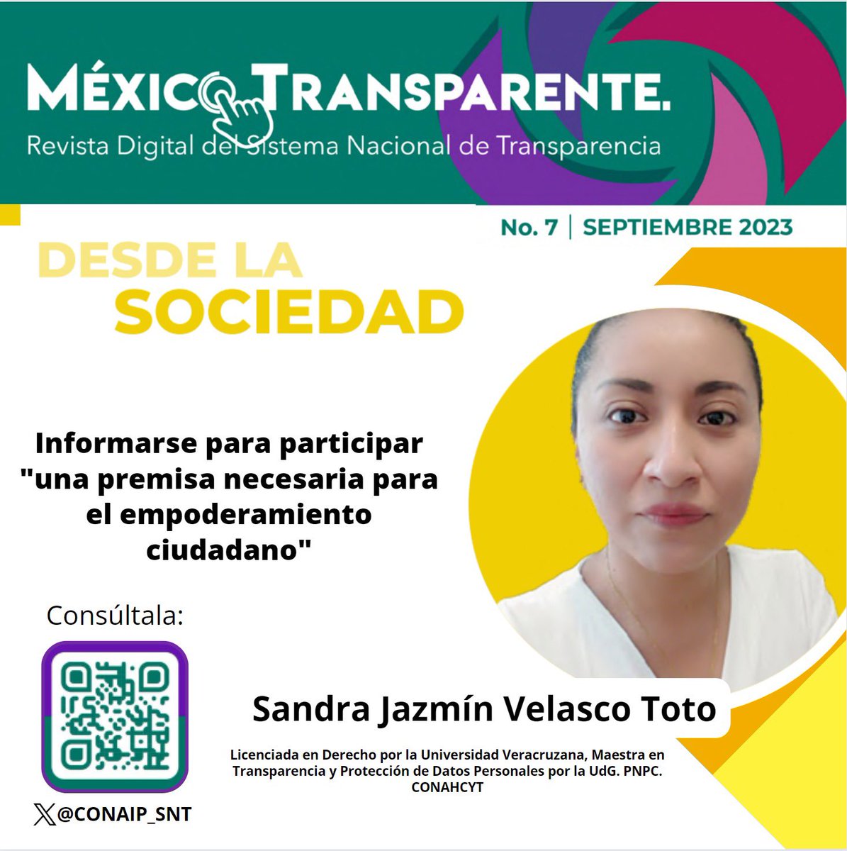 🟡Como parte del 7mo número de la Revista Digital del #SNT #MéxicoTransparente te invitamos a leer a:

Sandra Jazmín Velasco Toto : “Informarse para participar "una premisa necesaria para el empoderamiento ciudadano”

Encuéntrala aquí👉🏻lc.cx/2OkSwY