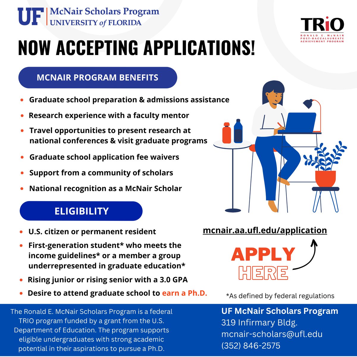 The <a href="/UF/">FLORIDA</a> Ronald E. #McNairScholars Program is now accepting applications for 2023-2024! The application is available on our website and will remain open through Sunday, February 4, 2024.

An incredible opportunity awaits you! #McNairBeware #TRIOworks
 
mcnair.aa.ufl.edu/application/
