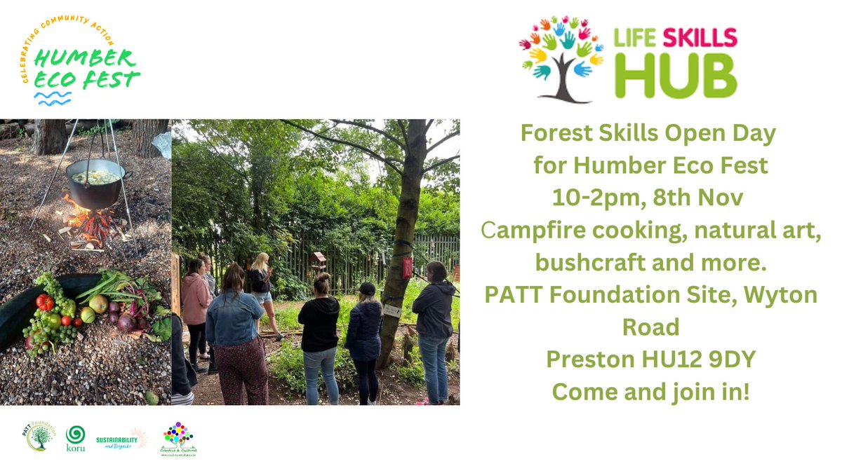 Time : 10.00am- 14.00 8th Nov

Join us this Wednesday as Forest Skills presents their open day for Humber Eco Fest

Come and join in with our fun activities from campfire cooking, natural art and bushcraft!

PATT FOUNDATION
Wyton Road
Preston
HU12 9DY

See you there!! 🌳🍁🍂