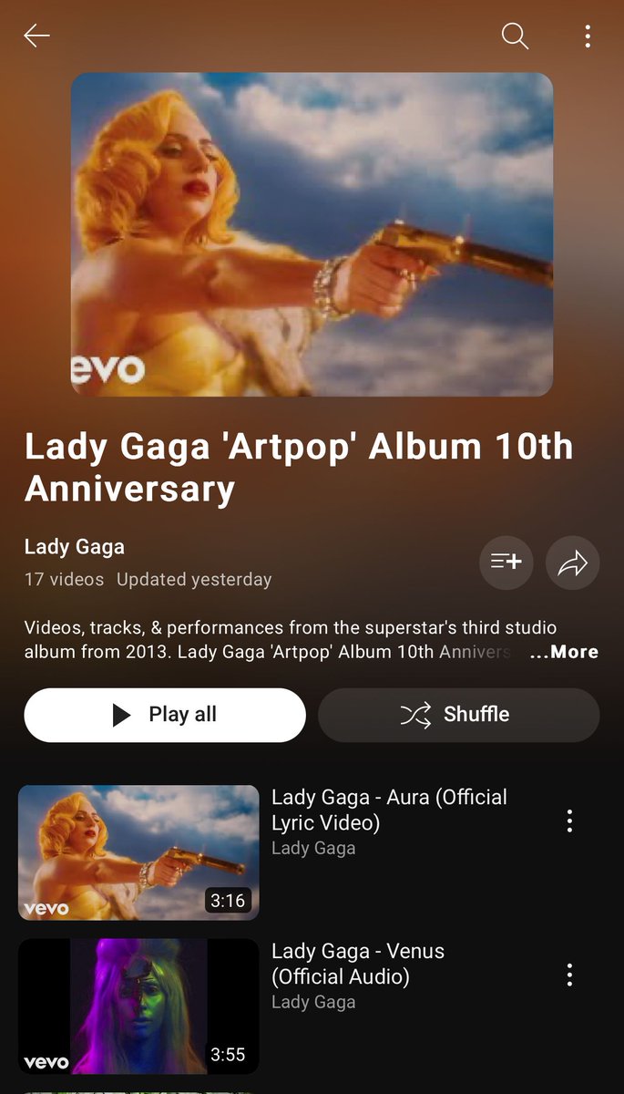 ladygaganownet's tweet image. A new playlist to celebrate ARTPOP 10th anniversary has been added on Lady Gaga’s YouTube page.