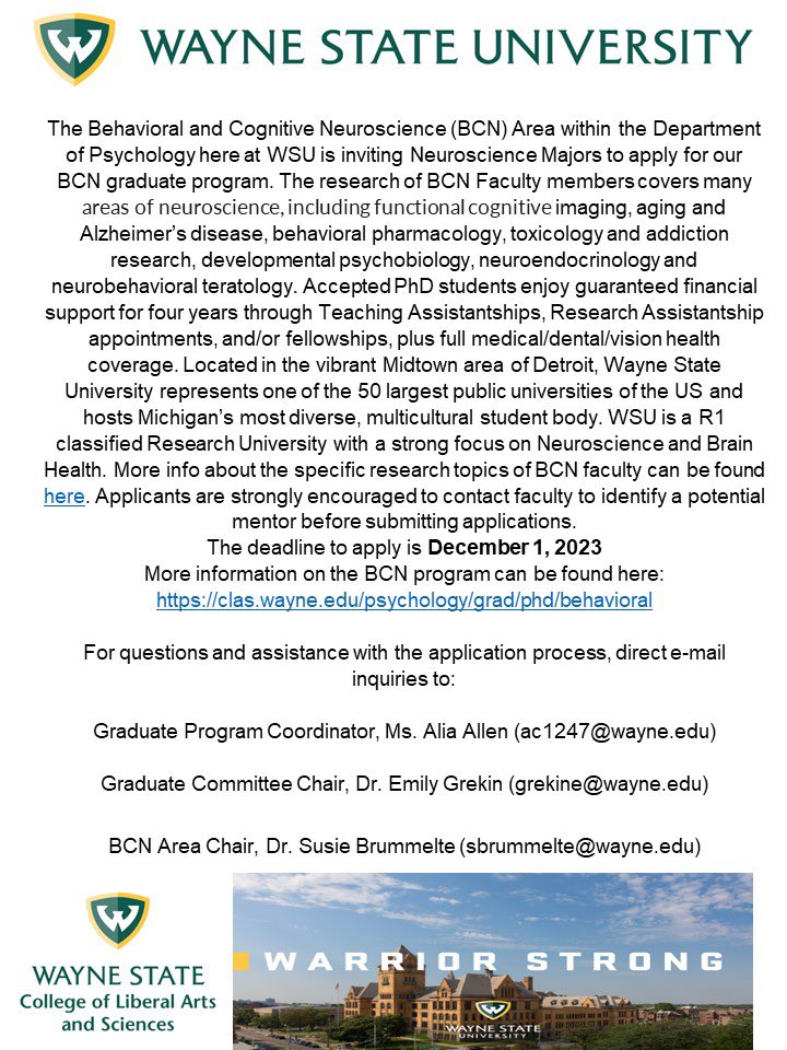 Come join my lab! The behavioral and cognitive neuroscience program is accepting applications until Dec 1st. 
For more info see flyer or: 
clas.Wayne.edu/psychology/gra…
