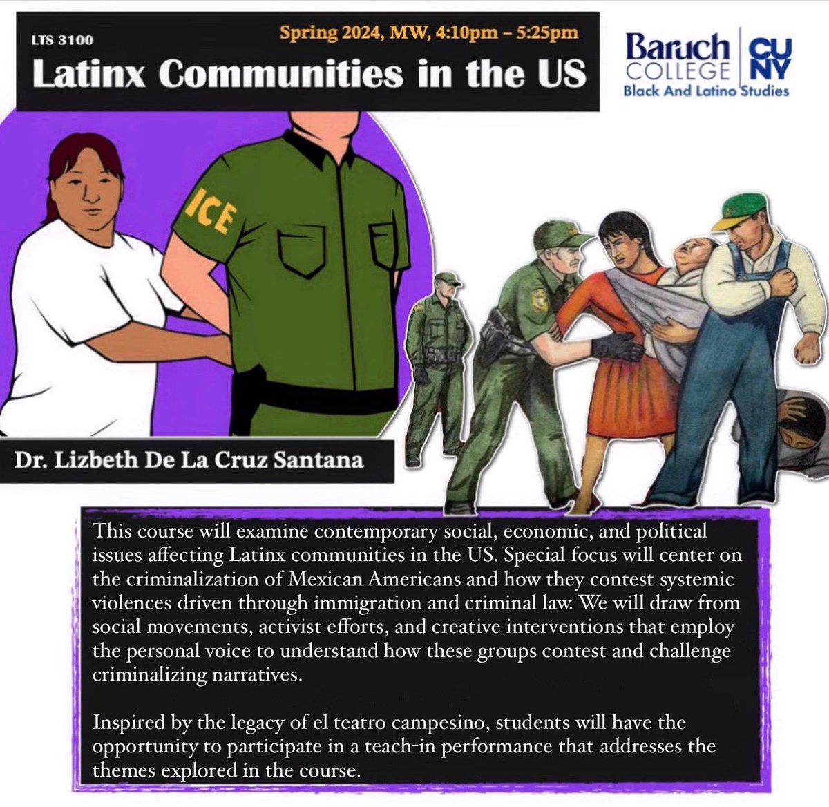 Teaching LTS 3100 - Latinx Communities in the US next Spring at @BaruchCollege✨ Students will have an opportunity to participate in a teach-in performance al estilo teatro campesino focused on the content of the course 🎭 Art used is by Julio Salgado & Alberto Ledesma 🎨