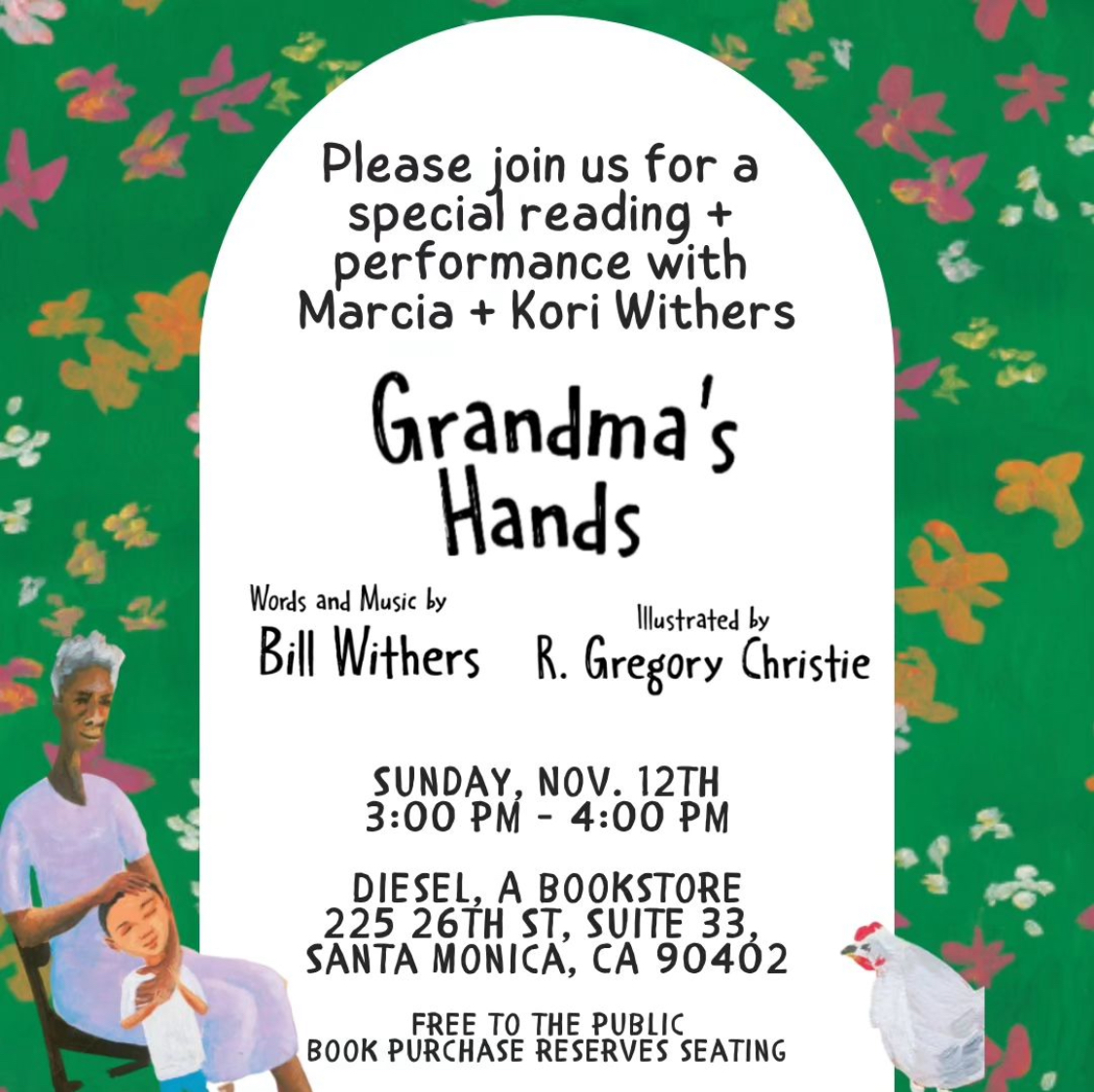 I hope that some of you can make it for this very special event with the family of the late musician Bill Withers. Marcia and Kori Withers will share the new picture Book OUT NOW! Based on Bill's song: "Grandma's Hands" #Billwithers #grandmashands <a href="/DIESEL/">Diesel</a>