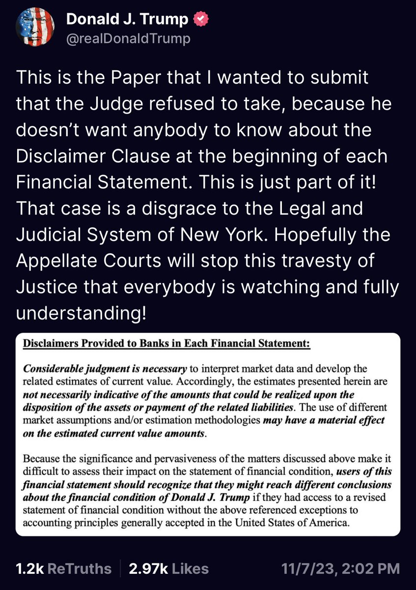 This is the Paper Trump wanted to submit to the Judge who refused to take it, because he doesn’t want anybody to know about the Disclaimer Clause at the beginning of each Financial Statement. REPOST FOR THE WORLD TO SEE.