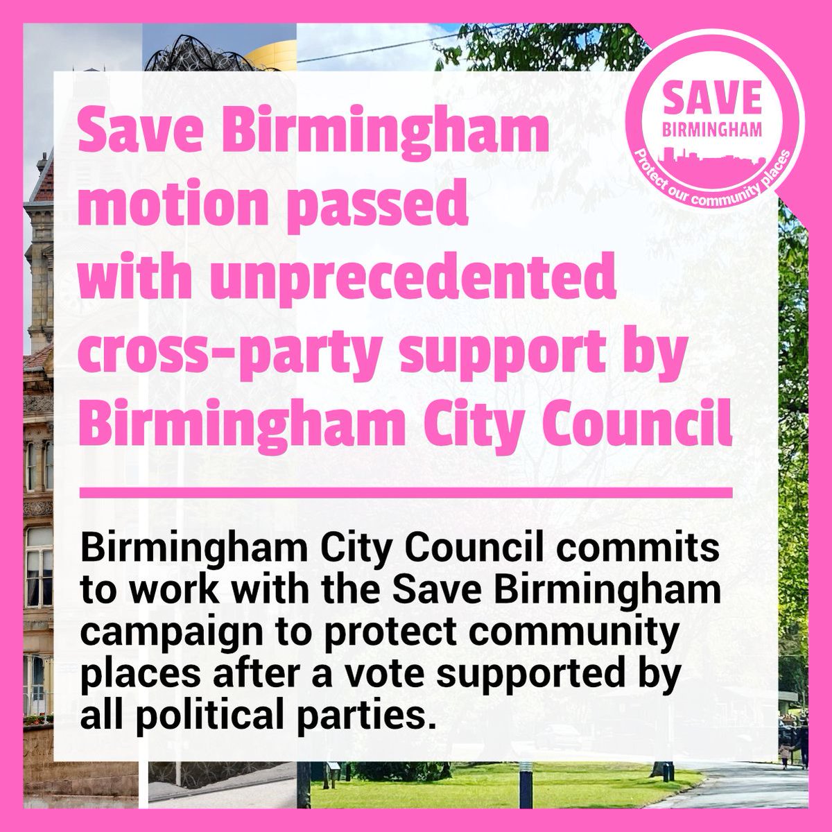 📣NEW: Unprecedented cross-party support to protect community places in vote by Birmingham City Council tonight. Great news for the #SaveBirmingham campaign & people & communities of #Birmingham. Join the campaign & nominate somewhere you want to protect savebirmingham.org