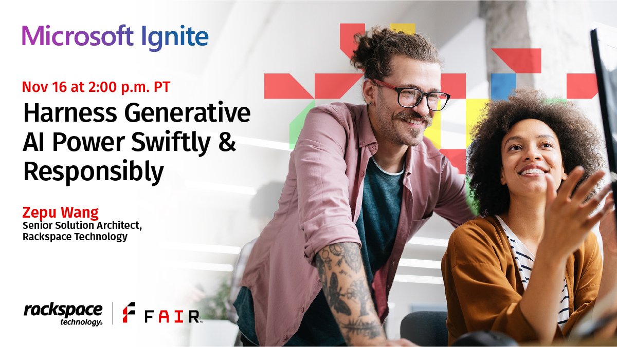 Rackspace's tweet photo. Join #Racker Zepu Wang for a 15-min @Microsoft Teams session at @MS_Ignite! Learn to use Foundry for AI by Rackspace (FAIRβ’) for robust, responsible & sustainable #GenerativeAI in your business. ποΈ Add to your calendar: https://t.co/3AEjv2sK8C
#MSPartner @MSCloud #MSIgnite https://t.co/YE2jszmzTj