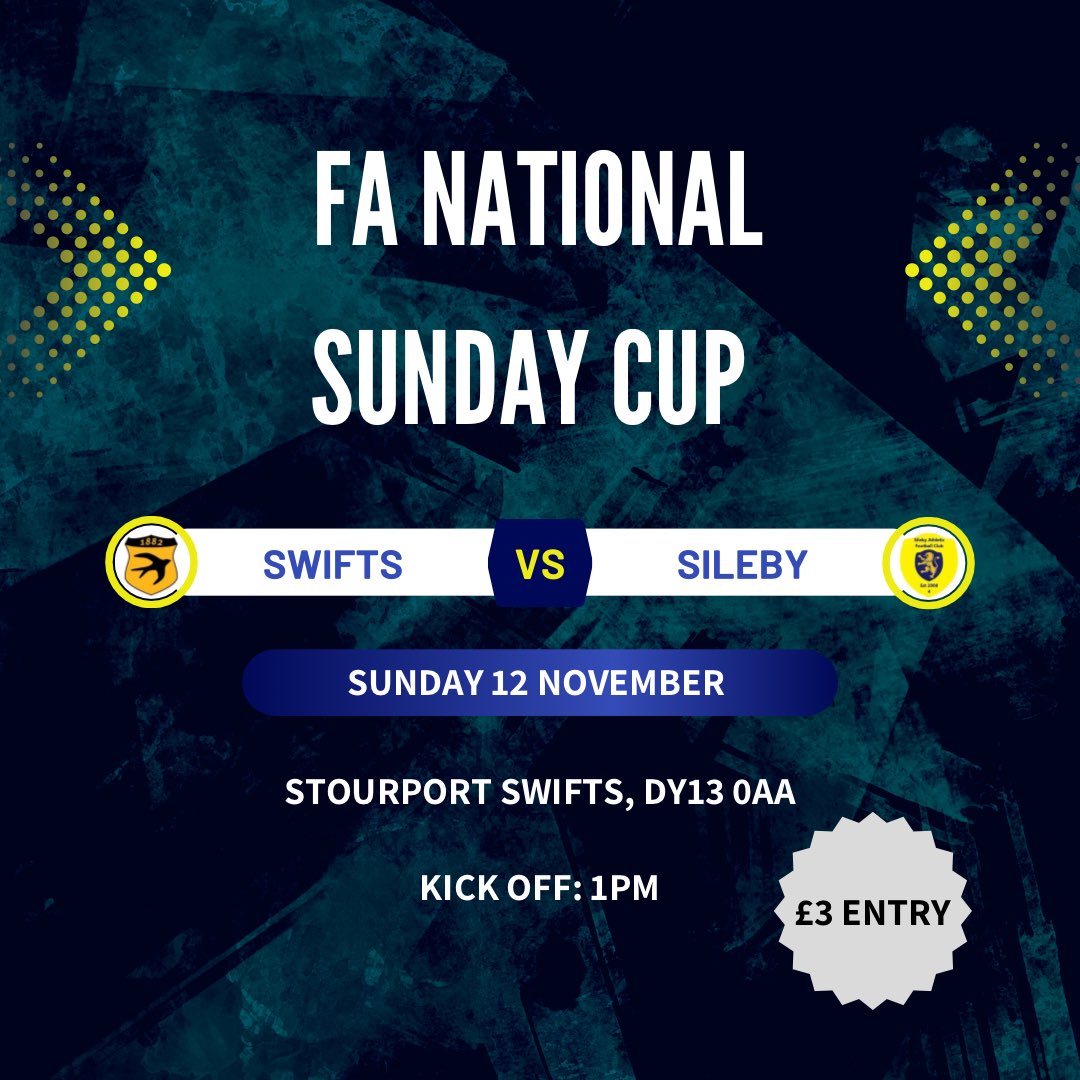Massive game for the lads this Sunday as we face <a href="/SilebyAthletic/">Sileby Athletic</a> in the 2nd round of FA Sunday Cup!! We look to get into the 3rd round for the 1st time ever #UTS ⚫️🟡
 
🏆 FA Sunday Cup 
📅 Sun 12 Nov
🕒 1pm
📍Stourport Swifts

Please note entry will be £3!