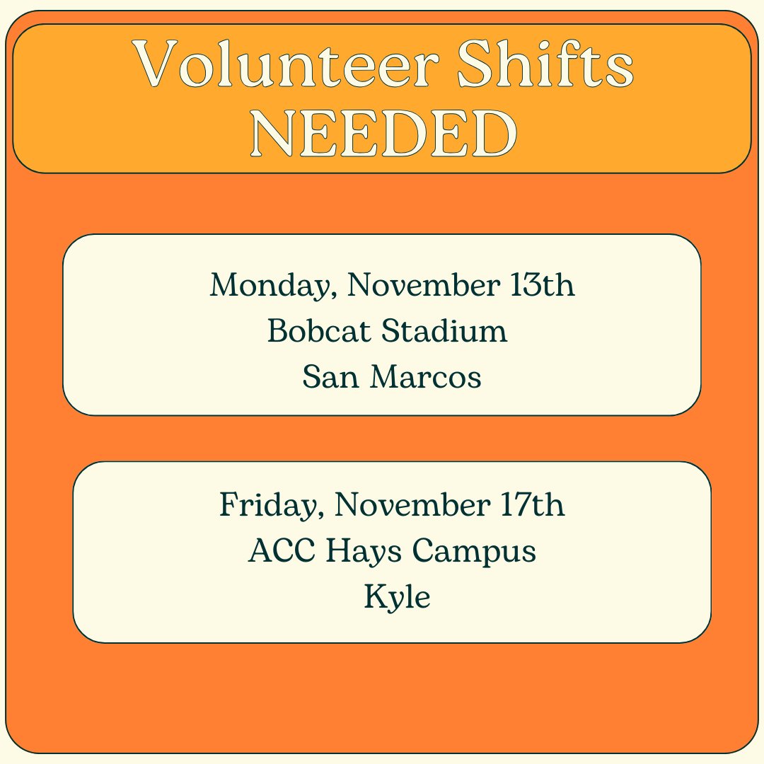 IMPORTANT! We need your help! Volunteer with us at our holiday distributions! 

- Mon, Nov 13th @ Bobcat Stadium 3:30PM-8PM
- Fri, Nov 17th @ ACC Hays Campus 3PM-8PM

If you are interested in volunteering, email programs@haysfoodbank.org so we can better prepare our schedule.