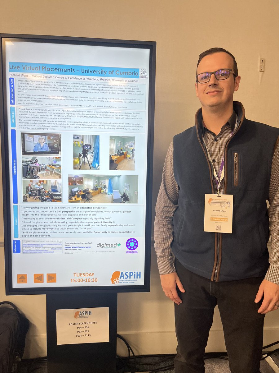 Conference photo alert! Pleased to have presented our e-poster to a wide range of colleagues and for our abstract to have been selected for publication in the Journal of Healthcare Simulation 😊 #Aspih23