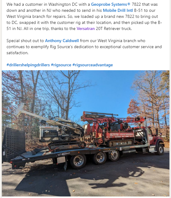 RigSourceInc's tweet photo. When you have multiple in-stock units & multiple locations, you get to do some cool things for your customers. Hereโs just one more example of the Rig Source Advantage:
#versatran @MobileDrillIntl @GeoprobeSystems #rigsource #drillershelpingdrillers #rigsourceadvantage https://t.co/zBfjXW3VsZ