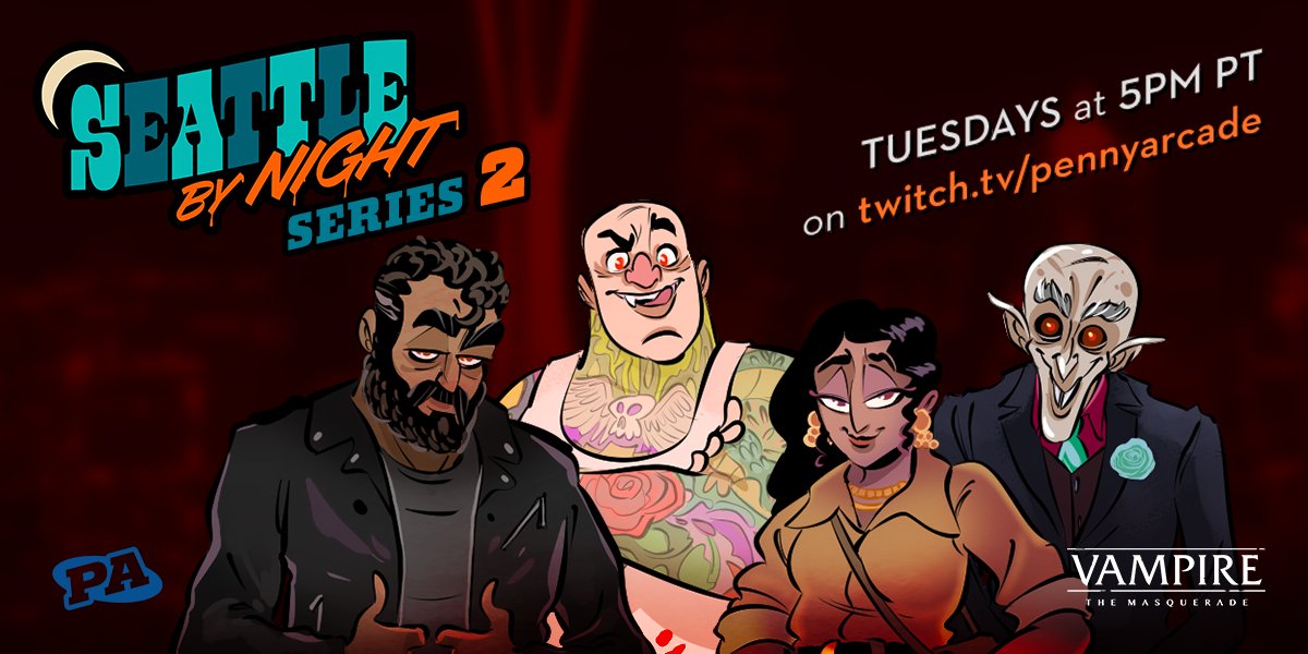PA_Megacorp's tweet photo. Tonight, join us for season two, episode two of our Vampire the Masquerade chronicle: Seattle By Night! 

Tune in at 5pm PT (now with less daylight savings) on https://t.co/A9BCARgViP to see what new complications await our coterie of vampires... #vamily https://t.co/OgevUOOgNo