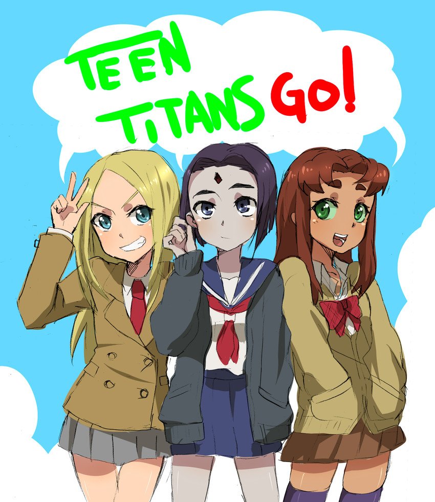 What's cuter than a trio of Titans? A trio of Titans disguised as schoolgirls, of course!

Starfire's the weird foreign exchange student. Raven's the spooky goth girl. And Terra's... 

Well, she's the school delinquent.