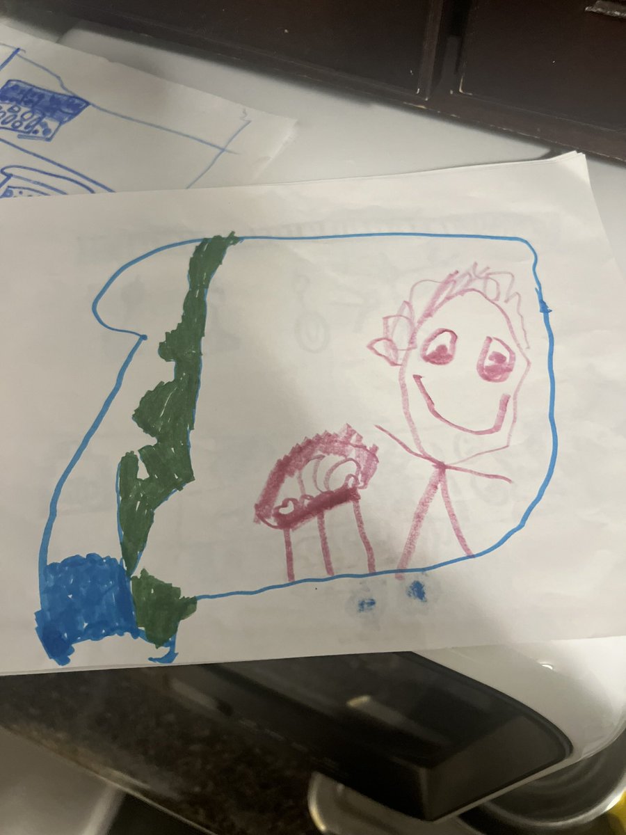my 5yo cousin drew me and my “secret food” and then the green is a battery. I asked him to draw me a pic of my kitchen so i could hang it in my kitchen. I personally love the vision and size of my head