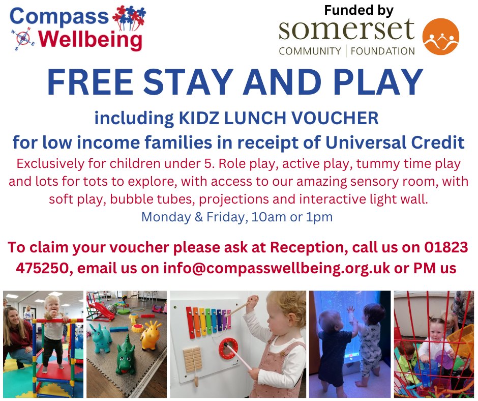 Compass Disability Services (@compassdis) on Twitter photo Are you, or do you know, a family with under 5s, in receipt of Universal Credit, living in or around #Taunton #Somerset ? Thanks to the <a href="/Somerset_CF/">Somerset CF</a> we have 500 Stay and Play vouchers to give away.
Claim yours now! email info@compasswellbeing.org.uk
#CommunitySupport Are you, or do you know, a family with under 5s, in receipt of Universal Credit, living in or around #Taunton #Somerset ? Thanks to the <a href="/Somerset_CF/">Somerset CF</a> we have 500 Stay and Play vouchers to give away.
Claim yours now! email info@compasswellbeing.org.uk
#CommunitySupport