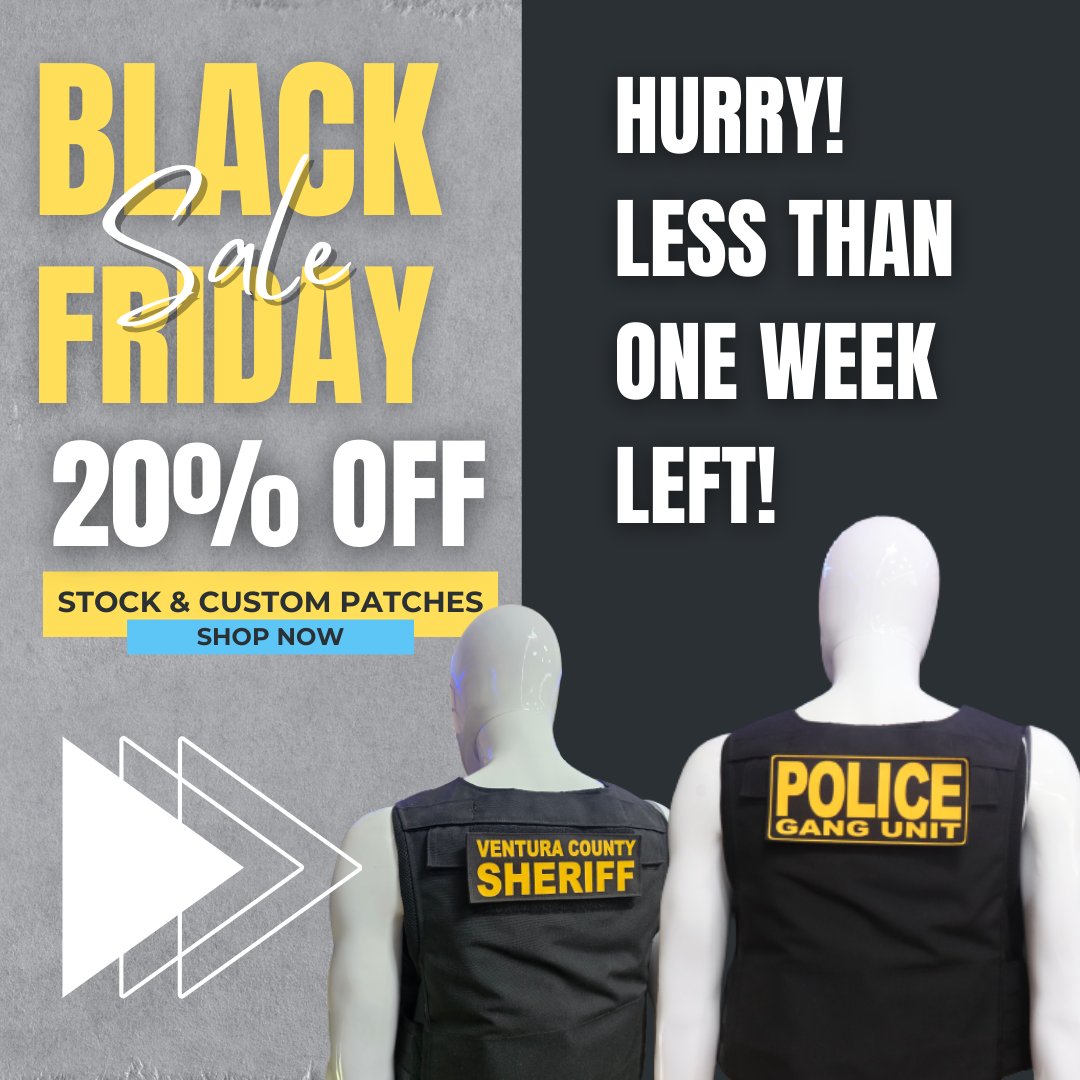 CopQuest's tweet image. Public Safety Pros deserve Black Friday Deals too!

Get 20% off patches at CoopQuest.com today!

Click the Custom Patch or Standard Stock Tactical ID Patch Banner on our website to take advantage of this offer that ends soon!

#PoliceEquipment #PoliceGear #PoliceUniform