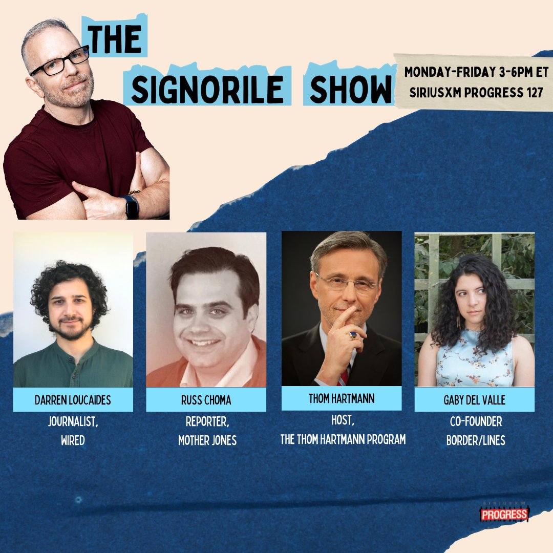 ‼️On Today's @MSignorile Show‼️ @DarrenLoucaides of @WIRED @russchoma of @MotherJones @Thom_Hartmann @gabydvj of BORDER/LINES 🔊Listen Here: SiriusXM.us/Signorile 📞Join the Conversation: 866-997-4748