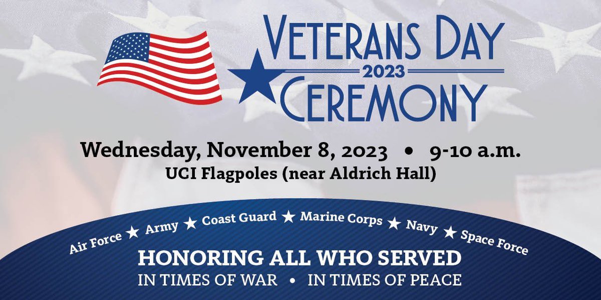 Join campus and community leaders this Wednesday, Nov. 8 from 9-10 a.m. at the UCI Flagpoles for the 2023 Veterans Day Ceremony. Hosted by the UCI Veteran Services Center, the event will honor and thank those who have served in the U.S. Armed Forces. #VeteransDay @UCIVetLeaders