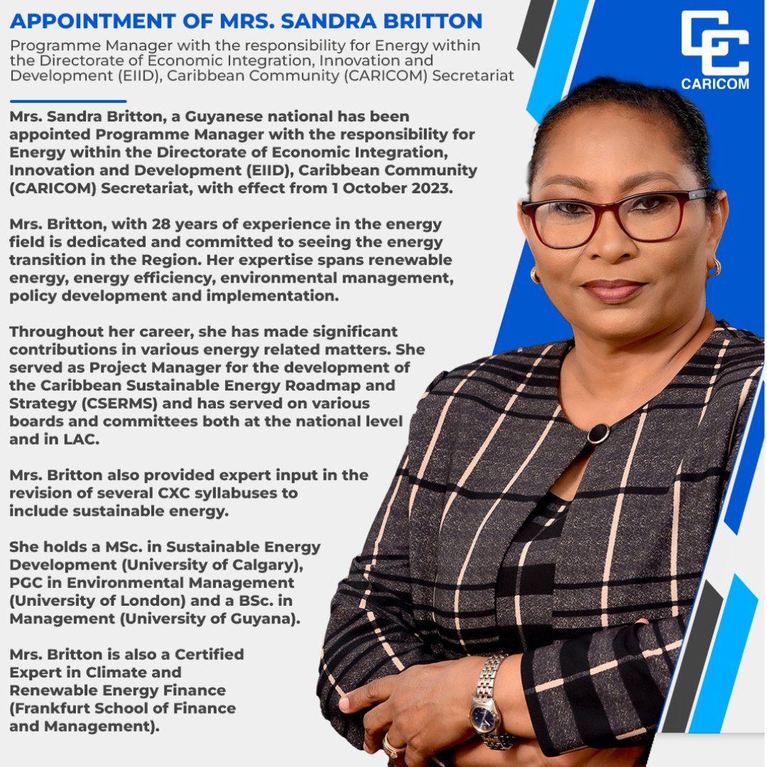 📢#SPECIALANNOUNCEMENT: We are pleased to announce the Appointment of Mrs. Sandra Britton as the Programme Manager with the responsibility for Energy at the CARICOM Secretariat effective 1st Oct 2023

 #CARICOMENERGY #WOMENINENERGY #CEM23 
🇦🇬🇧🇸🇧🇧🇧🇿🇩🇲🇬🇩🇬🇾🇭🇹🇯🇲🇲🇸🇰🇳🇱🇨🇻🇨🇸🇷🇹🇹🇦🇮🇧🇲🇻🇬🇰🇾🇹🇨