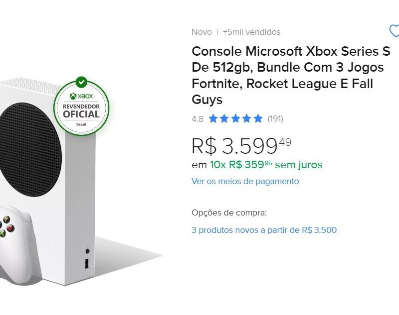 Console Microsoft Xbox Series S De 512gb, Bundle Com 3 Jogos Fortnite,  Rocket League E Fall