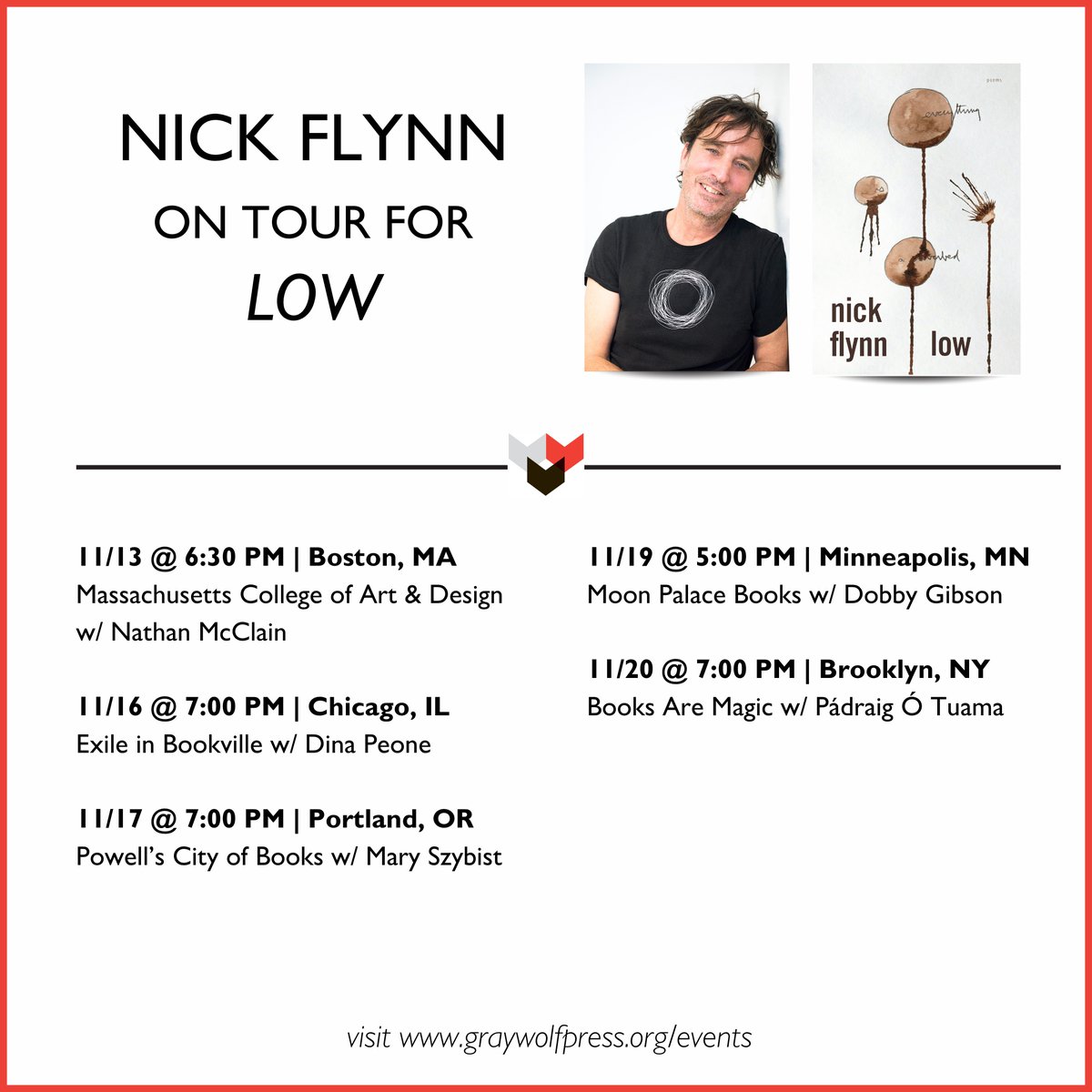 Happy pub. day to @_nick_flynn_'s LOW! 🎉🎉🎉 Catch Nick on tour this fall ⬇️ graywolfpress.org/events