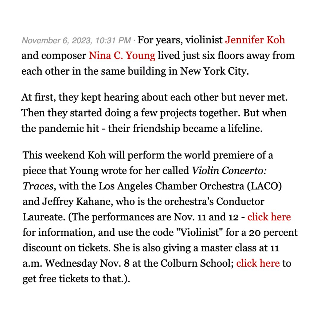 <a href="/violinist/">Violinist.com</a> interviewed violinist <a href="/JenniferKoh1/">Jennifer Koh</a>, who will give the world premiere of <a href="/ComposerNina/">Nina C. Young</a>'s "Violin Concerto: Traces" this weekend with LACO!

Read the interview at violinist.com, and get your tickets for PATHWAYS, Nov 11 + 12, at laco.org!